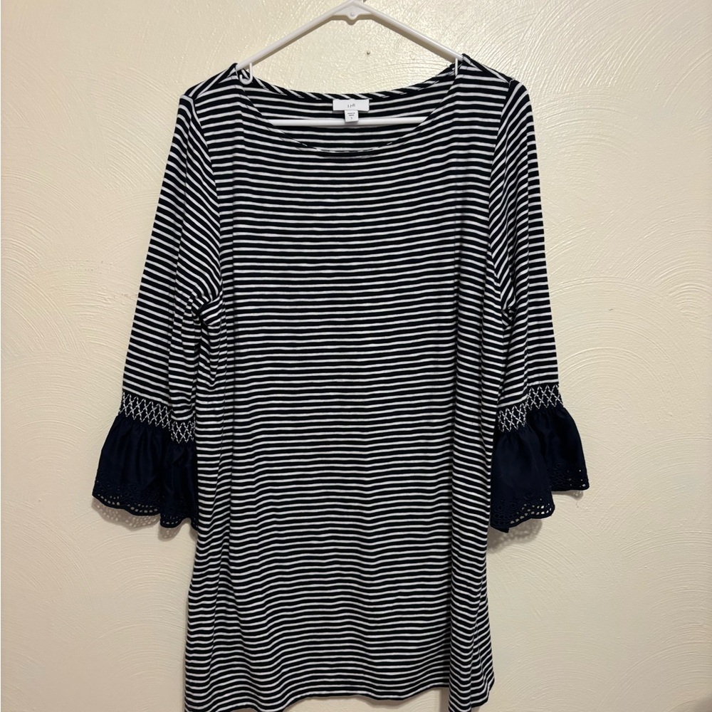 J. Jill Striped Top Bell Sleeve Ruffle Trim Navy White Size Large